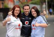 10 July 2011; Dublin supporters Karen Whelan, Anthony Hennessey and Emma Whelan, from Ballyboughal, Dublin, on their way to the Leinster GAA Football Championship Finals. Croke Park, Dublin. Picture credit: Oliver McVeigh / SPORTSFILE