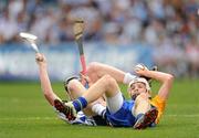 10 July 2011; Shane O'Donnell, Clare, in action against Damien Ahern, Waterford. Munster GAA Hurling Minor Championship Final, Clare v Waterford, Pairc Ui Chaoimh, Cork. Picture credit: Stephen McCarthy / SPORTSFILE