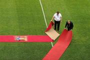 10 July 2011; Field co-ordinator Derek Connolly and Cork official Jim Forbes place the red carpet out in advance of the President's arrival. Munster GAA Hurling Senior Championship Final, Waterford v Tipperary, Pairc Ui Chaoimh, Cork. Picture credit: Ray McManus / SPORTSFILE