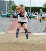 10 July 2011; Molly Scott, from St. Laurence O'Toole A.C., Carlow Town, on her way to winning the Under-13 Long Jump. Woodie’s DIY Juvenile Track and Field Championships of Ireland, Tullamore Harriers, Tullamore, Co. Offaly. Picture credit: Matt Browne / SPORTSFILE
