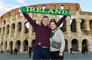 10 February 2017; Ireland supporters Paddy and Juliette Passmore, from Churchtown, Dublin, pictured outside the Colosseum ahead of Ireland's RBS Six Nations Championship game against Italy tomorrow in Rome, Italy. Photo by Ramsey Cardy/Sportsfile