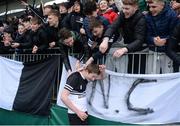 10 February 2017; Christopher Hart of Newbridge College celebrates with supporters after the Bank of Ireland Leinster Schools Junior Cup Round 1 match between Newbridge College and St Mary's College at Donnybrook Stadium in Donnybrook, Dublin. Photo by Daire Brennan/Sportsfile