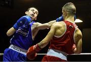 10 February 2017; Connor Jordan, left, of St Aidans BC exchanges punches with Blaine Dobbins, of St Josephs, Derry, during their 49kg bout during the 2016 IABA Elite Boxing Championships at the National Stadium in Dublin. Photo by David Maher/Sportsfile