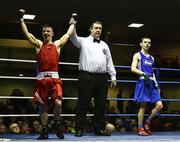 10 February 2017; Blaine Dobbins, left, of St Josephs, Derry, is declared winner over Connor Jordan, of St Aidans BC, at the end of their 49kg bout during the 2016 IABA Elite Boxing Championships at the National Stadium in Dublin. Photo by David Maher/Sportsfile