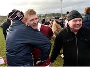 11 February 2017; Christopher Bradley of Slaughtneil celebrates with fans after the AIB GAA Football All-Ireland Senior Club Championship semi-final match between Slaughtneil and St Vincent's at Páirc Esler in Newry. Photo by Oliver McVeigh/Sportsfile