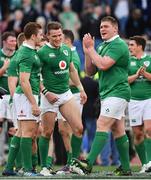 11 February 2017; Ireland's Paddy Jackson, left, Craig Gilroy, centre, and Tadhg Furlong following their victory in the RBS Six Nations Rugby Championship match between Italy and Ireland at the Stadio Olimpico in Rome, Italy. Photo by Ramsey Cardy/Sportsfile