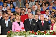 10 July 2011; The President of Ireland Mary McAleese, accompanied by her husband Dr. Martin McAleese, the Uachtarán CLG Criostóir Ó Cuana, his wife Anne and Munster Council Chairman Sean Walsh stand during a minute's silence before the Munster GAA Hurling Finals. Pairc Ui Chaoimh, Cork. Picture credit: Ray McManus / SPORTSFILE