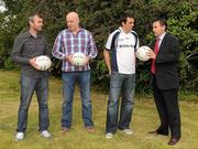 11 July 2011; Newstalk 106-108 fm’s Off the Ball presenter Eoin McDevitt, extreme left, with former Mayo footballer Pat Holmes, Derry footballer Kevin McGuckin, and Roscommon Ulster Bank Business centre's Paul Beisty in advance of the exclusive live broadcast of Ireland’s most popular sports radio show ‘Off the Ball’ in Ballaghaderren on Monday, July 11th. The live broadcast is part of the ‘Off the Ball Roadshow with Ulster Bank’ which gives people an opportunity to see the hit show broadcast live from popular GAA haunts across the country throughout the 2011 All-Ireland Senior Championships. Ulster Bank is also celebrating its three-year extended sponsorship of the GAA Football All-Ireland Championship with the introduction of a major new club focused initiative, called ‘Ulster Bank GAA Force’. The initiative will support local GAA clubs across the country by giving them the opportunity to refurbish and upgrade their facilities. For further information, checkout www.ulsterbank.com/gaa. Off the Ball Roadshow with Ulster Bank, Lir Café Bar, Market Street, Ballaghaderren, Co. Roscommon. Picture credit: Barry Cregg / SPORTSFILE
