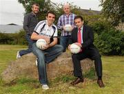 11 July 2011; Newstalk 106-108 fm’s Off the Ball presenter Eoin McDevitt, back left, with former Mayo footballer Pat Holmes, back right, along with Derry footballer Kevin McGuckin, and Roscommon Ulster Bank Business centre's Paul Beisty in advance of the exclusive live broadcast of Ireland’s most popular sports radio show ‘Off the Ball’ in Ballaghaderren on Monday, July 11th. The live broadcast is part of the ‘Off the Ball Roadshow with Ulster Bank’ which gives people an opportunity to see the hit show broadcast live from popular GAA haunts across the country throughout the 2011 All-Ireland Senior Championships. Ulster Bank is also celebrating its three-year extended sponsorship of the GAA Football All-Ireland Championship with the introduction of a major new club focused initiative, called ‘Ulster Bank GAA Force’. The initiative will support local GAA clubs across the country by giving them the opportunity to refurbish and upgrade their facilities. For further information, checkout www.ulsterbank.com/gaa. Off the Ball Roadshow with Ulster Bank, Lir Café Bar, Market Street, Ballaghaderren, Co. Roscommon. Picture credit: Barry Cregg / SPORTSFILE