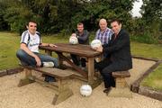 11 July 2011; Newstalk 106-108 fm’s Off the Ball presenter Eoin McDevitt, second from left, with Derry footballer Kevin McGuckin, left, former Mayo footballer Pat Holmes and Roscommon Ulster Bank Business centre's Paul Beisty, right, in advance of the exclusive live broadcast of Ireland’s most popular sports radio show ‘Off the Ball’ in Ballaghaderren on Monday, July 11th. The live broadcast is part of the ‘Off the Ball Roadshow with Ulster Bank’ which gives people an opportunity to see the hit show broadcast live from popular GAA haunts across the country throughout the 2011 All-Ireland Senior Championships. Ulster Bank is also celebrating its three-year extended sponsorship of the GAA Football All-Ireland Championship with the introduction of a major new club focused initiative, called ‘Ulster Bank GAA Force’. The initiative will support local GAA clubs across the country by giving them the opportunity to refurbish and upgrade their facilities. For further information, checkout www.ulsterbank.com/gaa. Off the Ball Roadshow with Ulster Bank, Lir Café Bar, Market Street, Ballaghaderren, Co. Roscommon. Picture credit: Barry Cregg / SPORTSFILE