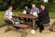 11 July 2011; Newstalk 106-108 fm’s Off the Ball presenter Eoin McDevitt, second from left, with Derry footballer Kevin McGuckin, left, former Mayo footballer Pat Holmes and Roscommon Ulster Bank Business centre's Paul Beisty, right, in advance of the exclusive live broadcast of Ireland’s most popular sports radio show ‘Off the Ball’ in Ballaghaderren on Monday, July 11th. The live broadcast is part of the ‘Off the Ball Roadshow with Ulster Bank’ which gives people an opportunity to see the hit show broadcast live from popular GAA haunts across the country throughout the 2011 All-Ireland Senior Championships. Ulster Bank is also celebrating its three-year extended sponsorship of the GAA Football All-Ireland Championship with the introduction of a major new club focused initiative, called ‘Ulster Bank GAA Force’. The initiative will support local GAA clubs across the country by giving them the opportunity to refurbish and upgrade their facilities. For further information, checkout www.ulsterbank.com/gaa. Off the Ball Roadshow with Ulster Bank, Lir Café Bar, Market Street, Ballaghaderren, Co. Roscommon. Picture credit: Barry Cregg / SPORTSFILE