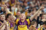 10 July 2011; A Wexford supporter celebrates a score Leinster GAA Football Championship Finals. Croke Park, Dublin. Picture credit: Brian Lawless / SPORTSFILE
