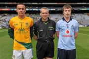 10 July 2011; Referee Fergal Kelly with the two captains Robert Burlingham, Meath, left, and Robert McDaid, Dublin. Leinster GAA Football Minor Championship Final, Dublin v Meath, Croke Park, Dublin. Picture credit: Brian Lawless / SPORTSFILE