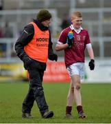 11 February 2017; Slaughtneil manager Mickey Moran, left, speaks to Christopher Bradley as they walk off at half time in the AIB GAA Football All-Ireland Senior Club Championship semi-final match between Slaughtneil and St Vincent's at Páirc Esler in Newry. Photo by Oliver McVeigh/Sportsfile