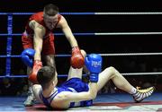 11 February 2017; Stephen McKenna of Old School is knocked down by Myles Casey of St Francis during their 56kg bout during the 2016 IABA Elite Boxing Championships at the National Stadium in Dublin. Photo by Cody Glenn/Sportsfile