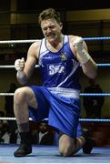 11 February 2017; Thomas Carty of Glasnevin celebrates his victory over Bernard O’Reilly of Portlaoise during their 91+kg bout during the 2016 IABA Elite Boxing Championships at the National Stadium in Dublin. Photo by Cody Glenn/Sportsfile