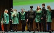 11 February 2017; The John Mitchel’s Glenullin team of Donal Close, Ronan Close, Felix Kilmartin, Michéal Óg McKeown, Emer Kelly, Tiegan Mullan, Chloe Mullan, Aine Apperly, representing Derry and Ulster competing in the Rince Seit competition in the Scór na nÓg Final 2017 at Waterfront Hotel in Belfast, Antrim. Photo by Piaras Ó Mídheach/Sportsfile