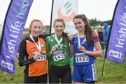 12 February 2017; Winner of the Girls under-17 3000m Isabelle Cummins from Ferrybank AC Co Waterford with third place Lauren Murphy, left, from Bettystown, Co Meath and second place Maeve Dervin, right, of Roscommon AC during Irish Life Health National Masters & Juvenile B XC Championships at Waterford I.T. in Waterford. Photo by Matt Browne/Sportsfile
