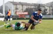 12 February 2017; Adam Byrne of Leinster goes over to score his side's fourth try despite the attention of Ian McKinley of Benetton Treviso during the Guinness PRO12 Round 14 match between Benetton Treviso and Leinster at Stadio Monigo in Treviso, Italy. Photo by Stephen McCarthy/Sportsfile