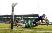 12 February 2017; Adam Byrne of Leinster goes over to score his side's fourth try despite the attention of Ian McKinley of Benetton Treviso during the Guinness PRO12 Round 14 match between Benetton Treviso and Leinster at Stadio Monigo in Treviso, Italy. Photo by Stephen McCarthy/Sportsfile