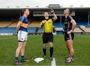 12 February 2017; Referee Niall Ward with captains Brian Fox of Tipperary, left, and Neil Ewing of Sligo during the coin toss prior to the Allianz Football League Division 3 Round 2 game between Tipperary and Sligo at Semple Stadium in Thurles, Co. Tipperary. Photo by Seb Daly/Sportsfile