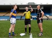 12 February 2017; Referee Niall Ward with captains Brian Fox of Tipperary, left, and Neil Ewing of Sligo during the coin toss prior to the Allianz Football League Division 3 Round 2 game between Tipperary and Sligo at Semple Stadium in Thurles, Co. Tipperary. Photo by Seb Daly/Sportsfile