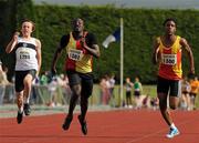 9 July 2011; Eventual winner Clincy Muntanga, from Tallaght AC, races clear of second placed Joseph Ojewumi, Tallaght AC, right, and Sean Lawlor, Donore Harriers, left, during the U15 Boys 100m final. Woodie’s DIY Juvenile Track and Field Championships of Ireland, Tullamore Harriers, Tullamore, Co. Offaly. Picture credit: Pat Murphy / SPORTSFILE