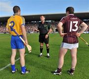 2 July 2011; Referee Diarmuid Kirwan tosses a coin between Clare captain Pat Vaughan and Galway captain Damien Hayes, right, before the game. GAA Hurling All-Ireland Senior Championship, Phase 2, Galway v Clare, Pearse Stadium, Galway. Picture credit: Barry Cregg / SPORTSFILE