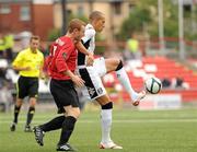 14 July 2011; Bobby Zamora, Fulham, in action against David Magowan, Crusaders. UEFA Europa League, Second Qualifying Round, 1st Leg, Crusaders v Fulham, Seaview, Belfast, Co. Antrim. Picture credit: Oliver McVeigh / SPORTSFILE