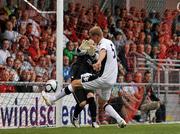 14 July 2011; Brede Hangeland, Fulham, has his shot saved by Crusaders goalkeeper Sean O'Neill. UEFA Europa League, Second Qualifying Round, 1st Leg, Crusaders v Fulham, Seaview, Belfast, Co. Antrim. Picture credit: Oliver McVeigh / SPORTSFILE