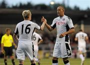 14 July 2011; Bobby Zamora, right, Fulham, is congratulated by Damien Duff after scoring his side's second goal. UEFA Europa League, Second Qualifying Round, 1st Leg, Crusaders v Fulham, Seaview, Belfast, Co. Antrim. Picture credit: Oliver McVeigh / SPORTSFILE