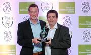 15 July 2011; Johnny Craig, from The Inish Times, Donegal, alongside editor John Gill, after receiving the award for Best Written Article, Regional. Three FAI Communications Awards 2011, West County Hotel, Ennis, Co. Clare. Picture credit: Diarmuid Greene / SPORTSFILE