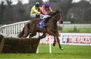 12 February 2017; Eventual winner Grand Partner, with Danny Mullins up, jump the last ahead of Velvet Maker, with Denis O'Regan up, on their way to winning The 1888 Restaurant Handicap Hurdle at Leopardstown. Leopardstown, Co. Dublin.  Photo by Cody Glenn/Sportsfile