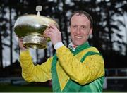 12 February 2017; Robbie Power with the Gold Cup after winning the Stan James Irish Gold Cup on Sizing John at Leopardstown. Leopardstown, Co. Dublin.  Photo by Cody Glenn/Sportsfile