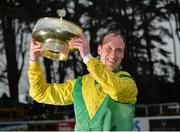 12 February 2017; Robbie Power with the Gold Cup after winning the Stan James Irish Gold Cup on Sizing John at Leopardstown. Leopardstown, Co. Dublin.  Photo by Cody Glenn/Sportsfile