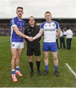 12 February 2017; Monaghan captain Colin Walshe and Cavan captain Killan Clerke with referee David Goldrick during the Allianz Football League Division 1 Round 2 game between Monaghan and Cavan at St. Mary's Park in Castleblayney, Co. Monaghan. Photo by Philip Fitzpatrick/Sportsfile