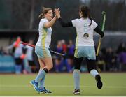 12 February 2017; Katie Mullan of UCD, left, is congratulated by Emma Duncan after scoring a goal during the Women's Irish Senior Cup semi-final game between UCD and Pembroke at the National Hockey Stadium in UCD, Belfield. Photo by Sam Barnes/Sportsfile