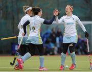 12 February 2017; Orla Patton of UCD, right, celebrates with team mates Elena Tice, left, and Sara Twomey, after scoring a goal during the Women's Irish Senior Cup semi-final game between UCD and Pembroke at the National Hockey Stadium in UCD, Belfield. Photo by Sam Barnes/Sportsfile