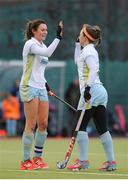 12 February 2017; Deirdre Duke, left, and Orla Patton of UCD, celebrate after scoring a goal during the Women's Irish Senior Cup semi-final game between UCD and Pembroke at the National Hockey Stadium in UCD, Belfield. Photo by Sam Barnes/Sportsfile