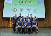 11 February 2017; The Spa team, representing Kerry and Munster, who won the Rince Seit competition, back row, from left, Kianan O’Doherty, Gary O’Sullivan, Cian O’Sullivan and Liam Spillane. Front row, from left, Meghann Cronin, Orlaith Spillane, Erin Holland and Aine Brosnan are presented with their medals and trophy by Antóin Mac Gabhann, Cathaoirleach Coiste Naisiúnta Scór, left, and Michael Hasson, Uachtarán Comhairle Uladh, at the Scór na nÓg Final 2017 at Waterfront Hotel in Belfast, Antrim. Photo by Piaras Ó Mídheach/Sportsfile