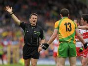 17 July 2011; Referee Maurice Deegan makes his point to Donegal's Patrick McBrearty. Ulster GAA Football Senior Championship Final, Derry v Donegal, St Tiernach's Park, Clones, Co. Monaghan. Picture credit: Brian Lawless / SPORTSFILE