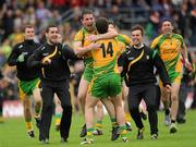 17 July 2011; Patrick McBrearty, Donegal, celebrates with team captain Michael Murphy, 14, after the match. Ulster GAA Football Senior Championship Final, Derry v Donegal, St Tiernach's Park, Clones, Co. Monaghan. Picture credit: Brian Lawless / SPORTSFILE