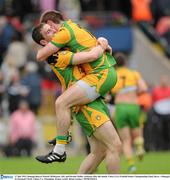 17 July 2011; Donegal players Patrick McBrearty, left, and Dermot Molloy celebrate after the match. Ulster GAA Football Senior Championship Final, Derry v Donegal, St Tiernach's Park, Clones, Co. Monaghan. Picture credit: Brian Lawless / SPORTSFILE