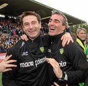 17 July 2011; Donegal manager Jim McGuinness, right, celebrates with his assistant Rory Gallagher at the final whistle. Ulster GAA Football Senior Championship Final, Derry v Donegal, St Tiernach's Park, Clones, Co. Monaghan. Picture credit: Oliver McVeigh / SPORTSFILE