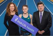 13 February 2017; In attendance during the Launch of the Irish Life Health National Senior Indoor Championships 2017 are from left, Liz Rowen, Head of Marketing for Irish Life Health, runner Ciara Mageean and John Foley, CEO of Athletics Ireland at Sport Ireland National Indoor Arena, Abbotstown, in Dublin.  Photo by Sam Barnes/Sportsfile