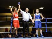 11 February 2017; Shauna O’Keeffe, left, of Clonmel, is named victorious over Amy Broadhurst of Delgean during their 60kg bout during the 2016 IABA Elite Boxing Championships at the National Stadium in Dublin. Photo by Cody Glenn/Sportsfile