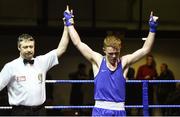 11 February 2017; Brett McGinty, of Oakleaf, is named victorious over Peter Carr of Crumlin during their 69kg bout during the 2016 IABA Elite Boxing Championships at the National Stadium in Dublin.  Photo by Cody Glenn/Sportsfile