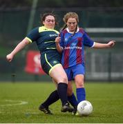 14 February 2017; Ellie Dillane, left, of Sacred Heart Westport in action against Phoenix Mulcaire Shire of Coláiste na Trócaire Rathkeale during the Bank of Ireland FAI Schools Senior Girls National Cup Final match between Sacred Heart School Westport and Coláiste na Trócaire Rathkeale at Home Farm FC in Whitehall, Dublin. Photo by Cody Glenn/Sportsfile