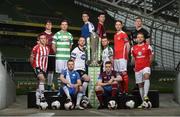 14 February 2017; Players, from left to right, Aaron McEneff, Derry City, Colm Horgan, Galway United, Ronan Finn, Shamrock Rovers, Johnny Barrett, Finn Harps, Stephen O'Donnell, Dundalk FC, Dave O'Connor, Limerick FC, Dinny Corcoran, Bohemian FC, Steven Beattie, Cork City, Richard Purdy, Drogheda United, Ian Bermingham, St. Patrick's Athletic, Conor Kenna, Bray Wanderers and Craig Rodden, Sligo Rovers, in attendance at the SSE Airtricity League Launch 2017 at the Aviva Stadium in Lansdowne Road in Dublin. Photo by David Maher/Sportsfile