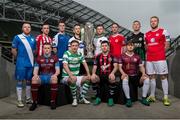 14 February 2017; Players, from left to right, Johnny Barrett, Finn Harps, Aaron McEneff, Derry City, Richard Purdy, Drogheda United, Dave O'Connor, Limerick FC, Ronan Finn, Shamrock Rovers, Stephen O'Donnell, Dundalk FC, Dinny Corcoran, Bohemian FC, Steven Beattie, Cork City, Ian Bermingham, St. Patrick's Athletic, Colm Horgan, Galway United, Conor Kenna, Bray Wanderers and Craig Rodden, Sligo Rovers, in attendance at the SSE Airtricity League Launch 2017 at the Aviva Stadium in Lansdowne Road in Dublin. Photo by David Maher/Sportsfile